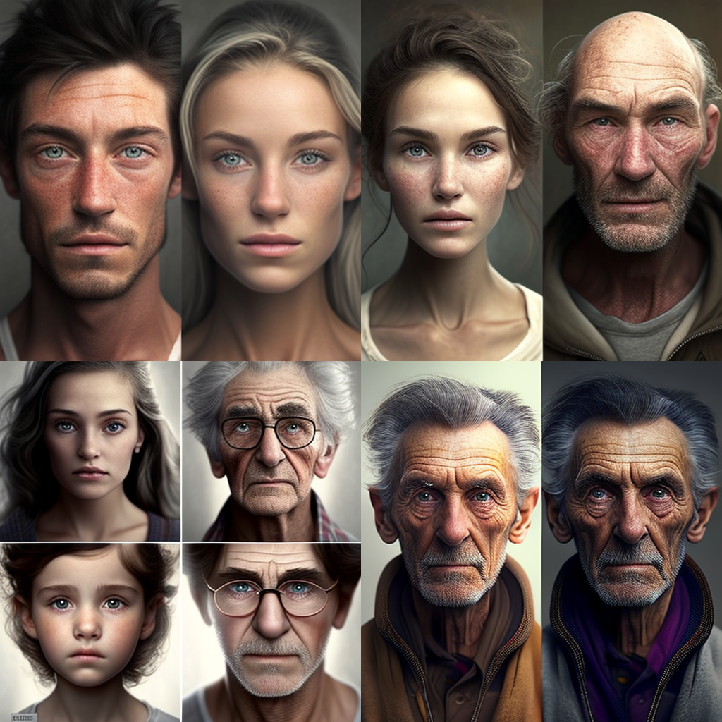 Results from Midjourney AI in response to the prompt "realistic humans". This image demonstrates racism in Artificial Intelligence.